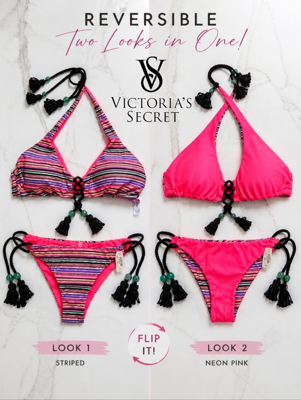NWT Victoria's Secret Reversible Vibrant Pink Striped Metallic Halter Bikini S/M